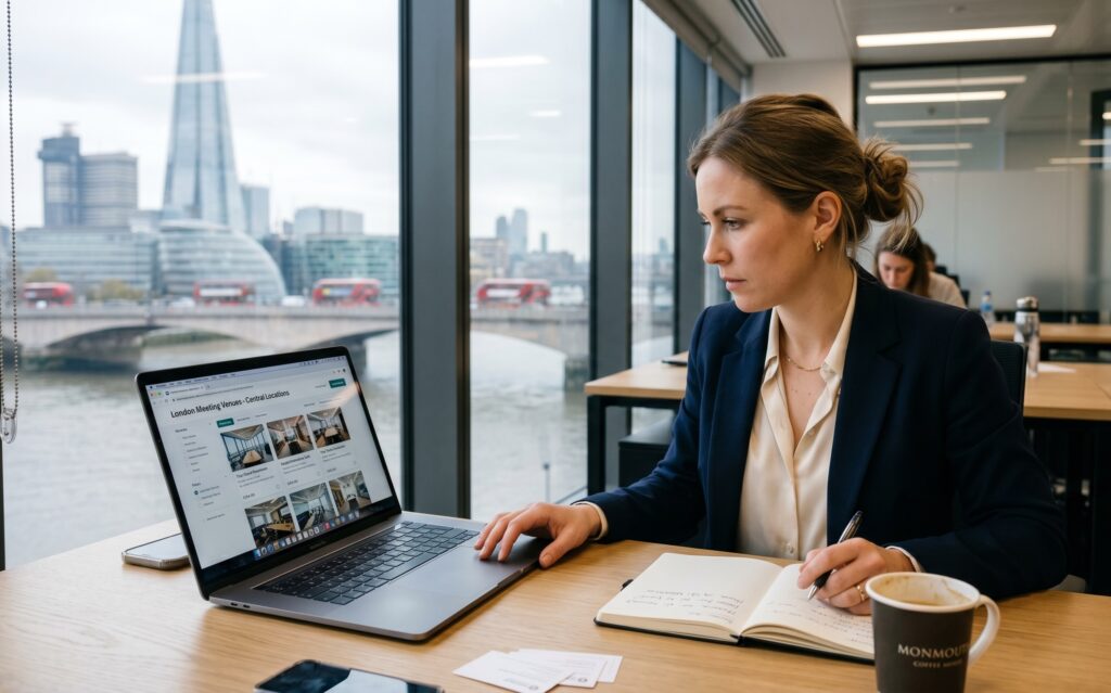 Executive Assistant reviewing London meeting room options on a laptop